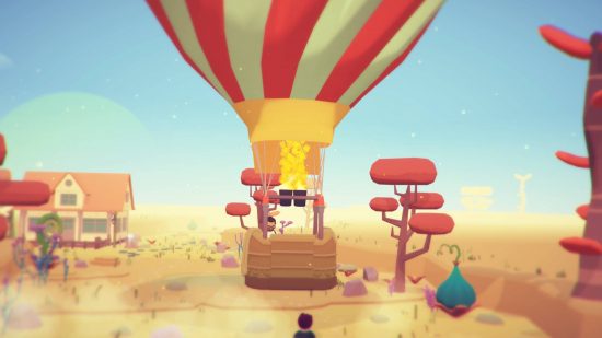Ooblets review: a coupel of characters take offin a hot air balloon and look over the land of Oob