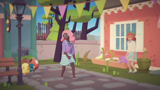 Ooblets review: a femalecharacter with pink hair and sunglasses walks through a town on a sunny day 