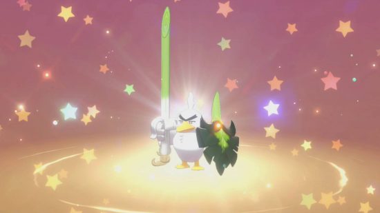 Códigos de presentes misteriosos de espada e escudo Pokemon: Uma captura de tela de Pokemon Sword and Shield mostra o poderoso pássaro Pokémon conhecido como SirFetch'd, que segura um alho -porro como uma espada