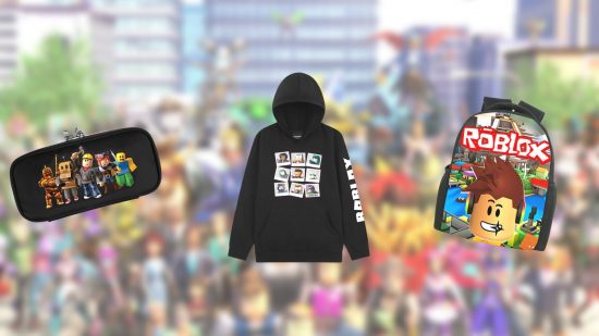 A selection of Roblox toys and gifts centred around a black hoodie with Roblox characters on it.