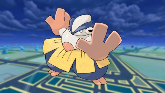The best fighting Pokemon Hariyama on a Pokemon GO map background