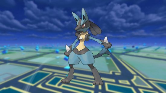 The best fighting Pokemon Lucario on a Pokemon GO map background