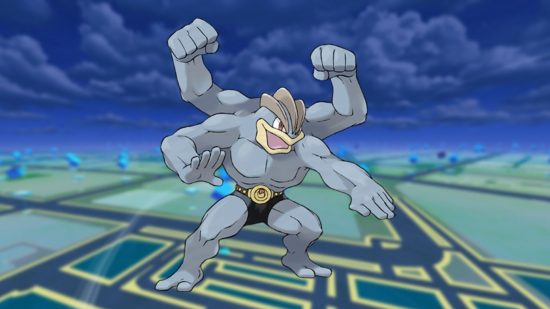 The best fighting Pokemon Machamp: seen on a pokemon map background