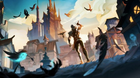 AFK Arena The Witcher Keey Art yang menunjukkan Geralt berdiri di kota dengan burung gagak di sekitarnya