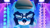 A picture of K.K. Slider, a white cartoon dog from the game Animal Crossing, wearing thick-rimmed black glasses, a small brown flatcap, and a pair of headphones. He has his eyes closed like deep in thought, bright lights behind him, and one hand down below like he is DJing.