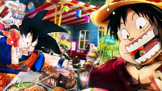Anime Dimensions codes - Goku and Luffy eating a massive feast
