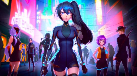 Anno mutationem giveaway; key art for the game Anno Mutationem shows a female character moving through a futuristic cyberpunk city