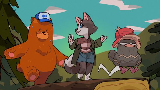 Bear & Breakfast characters Hank, Anii, and Will skipping through the woods