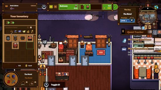 Bear & Breakfast gamplay showing the player placing furniture in one of the B&Bs
