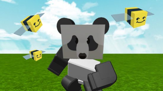 Bee Swarm Simulator codes - a Roblox panda and three bees in a field