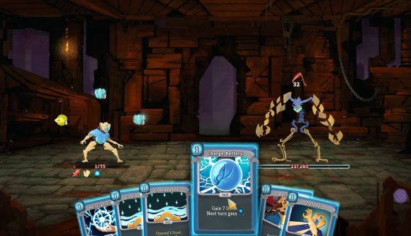 Best iOS games: Slay the Spire. Image shows a battle between two strange creatures.