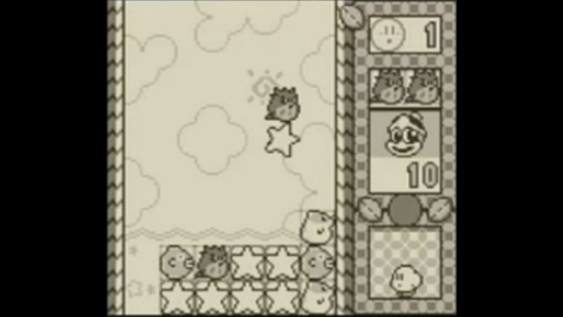 Best Kirby games: Kirby's Star Stacker. Image shows blocks falling in front of a cloudy background, with Kirby and Dedede shown on a bar to the left of the screen, including information on incoming blocks.