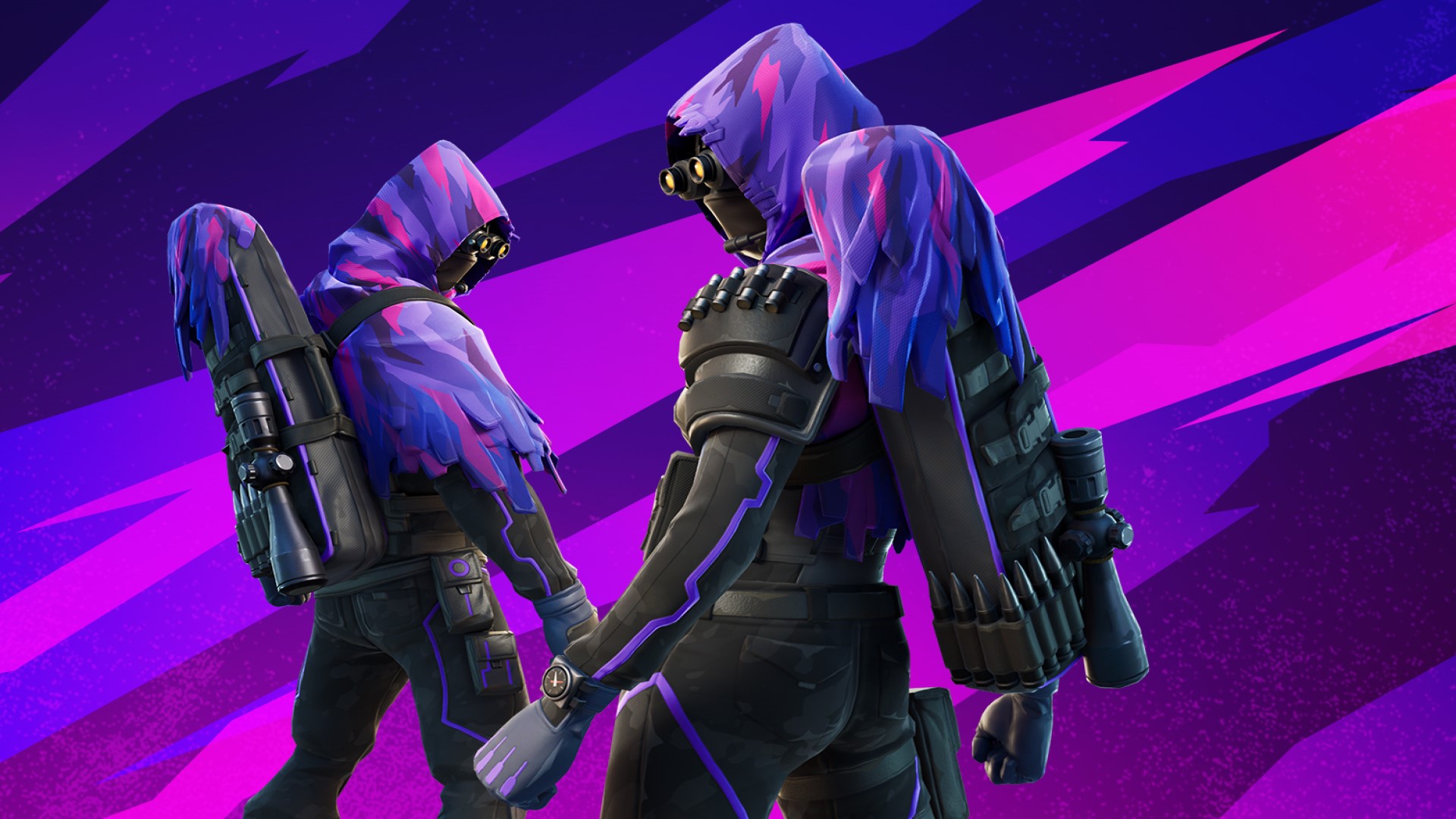 Best mobile multiplayer games: Fortnite. Image shows two armed, hooded and masked figures.