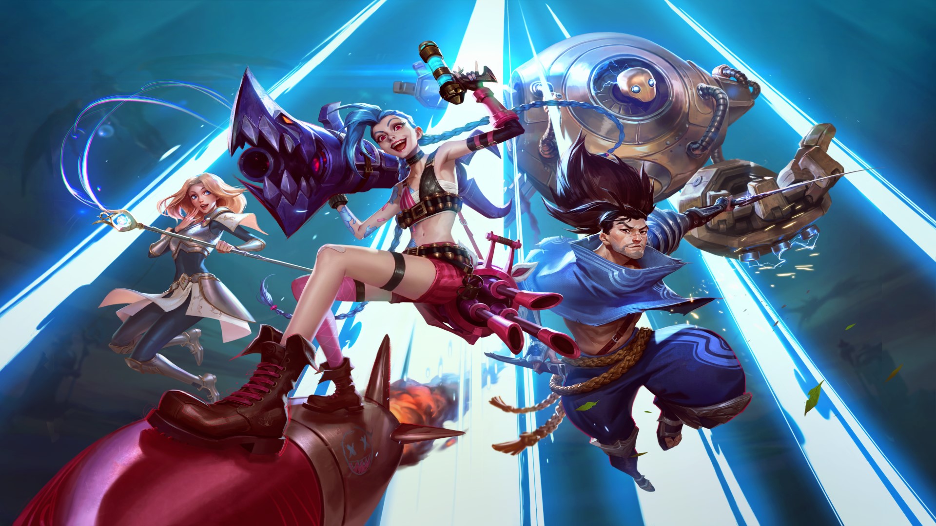 Best mobile multiplayer games: League of Legends: Wild Rift. Image shows a selection of characters from the game, with Jinx very central.