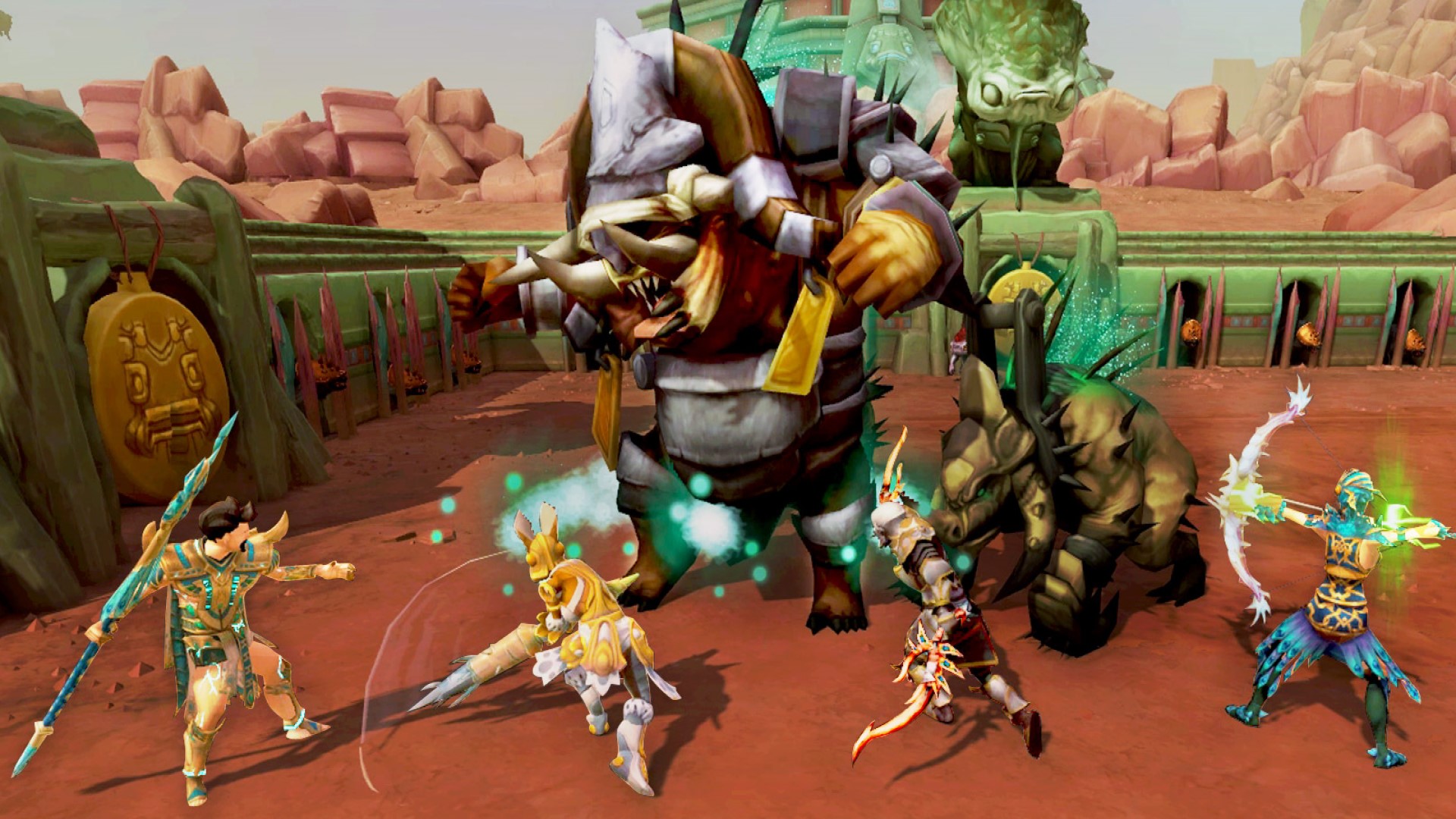 Best mobile multiplayer games: Runescape Mobile. Image shows a group of people fighting a boar-like creature.