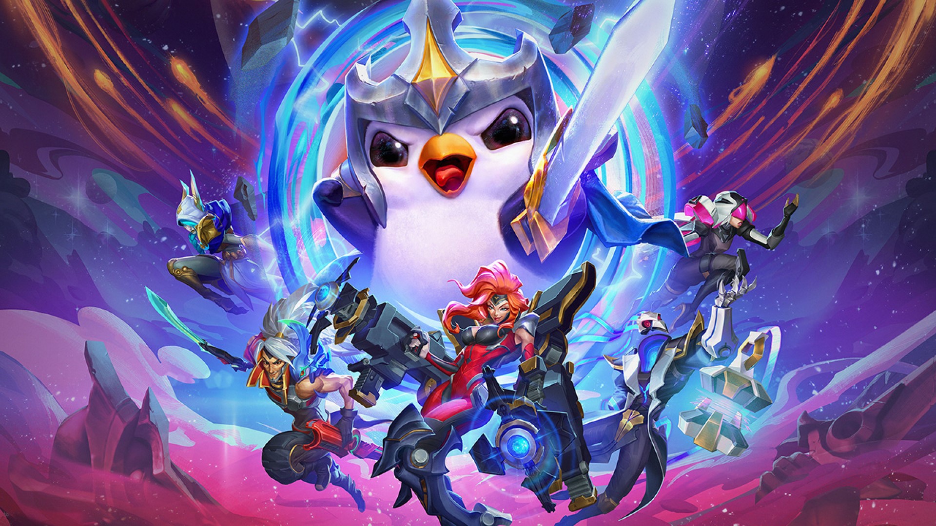 Best mobile multiplayer games: Teamfight Tactics. Image shows a group of fighters centred around a giant penguin.
