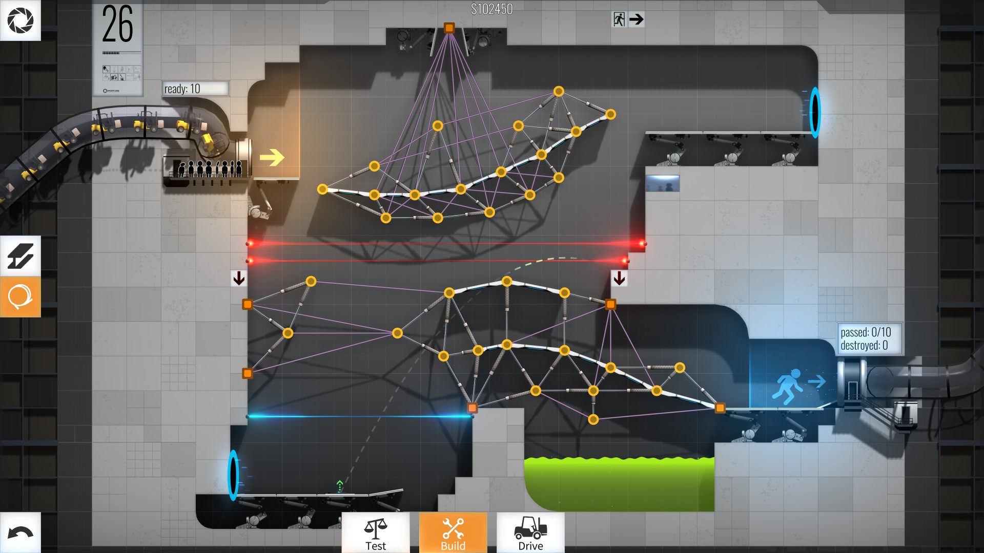 Nejlepší mobilní logické hry: Portál konstruktéra mostu. Obrázek ukazuje různé mosty v rámci vědy aperture
