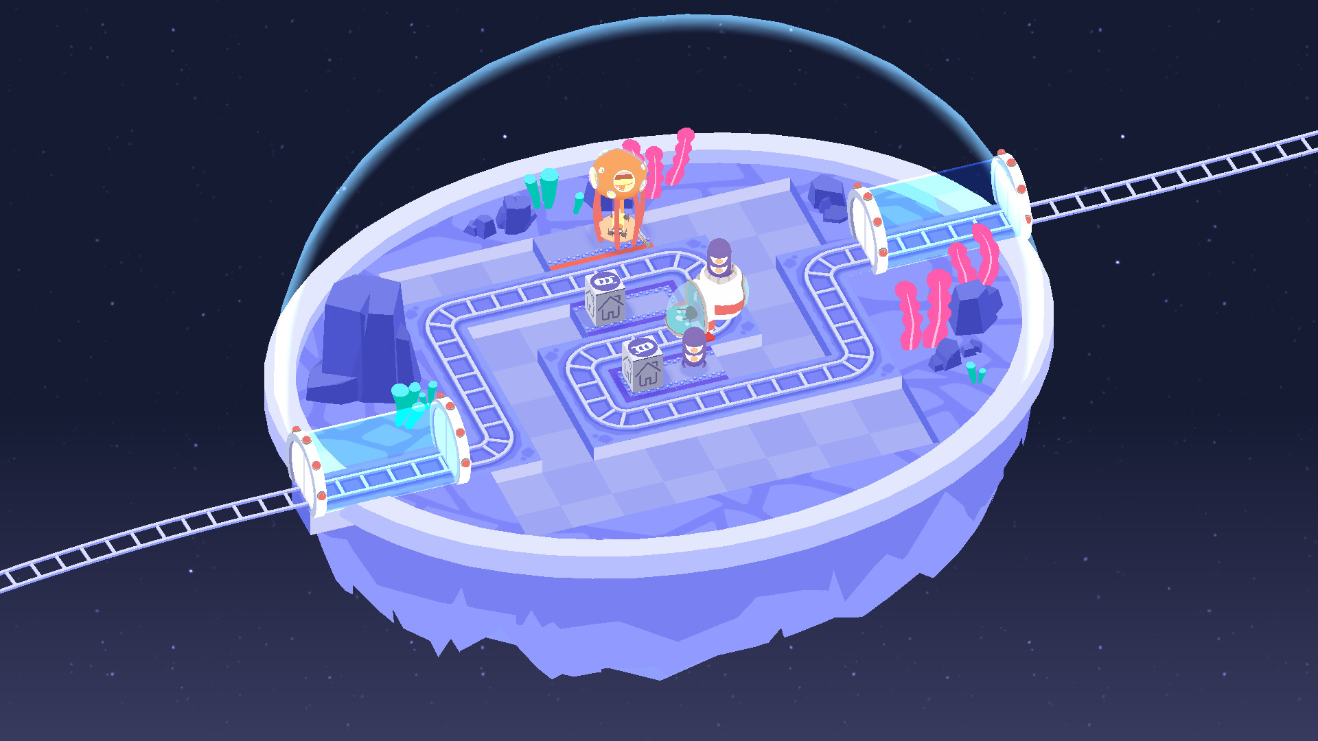 Beste mobile Puzzlespiele: Cosmic Express. Das Bild zeigt einen Zug, der durch eine Raumstation auf einem Asteroiden fährt