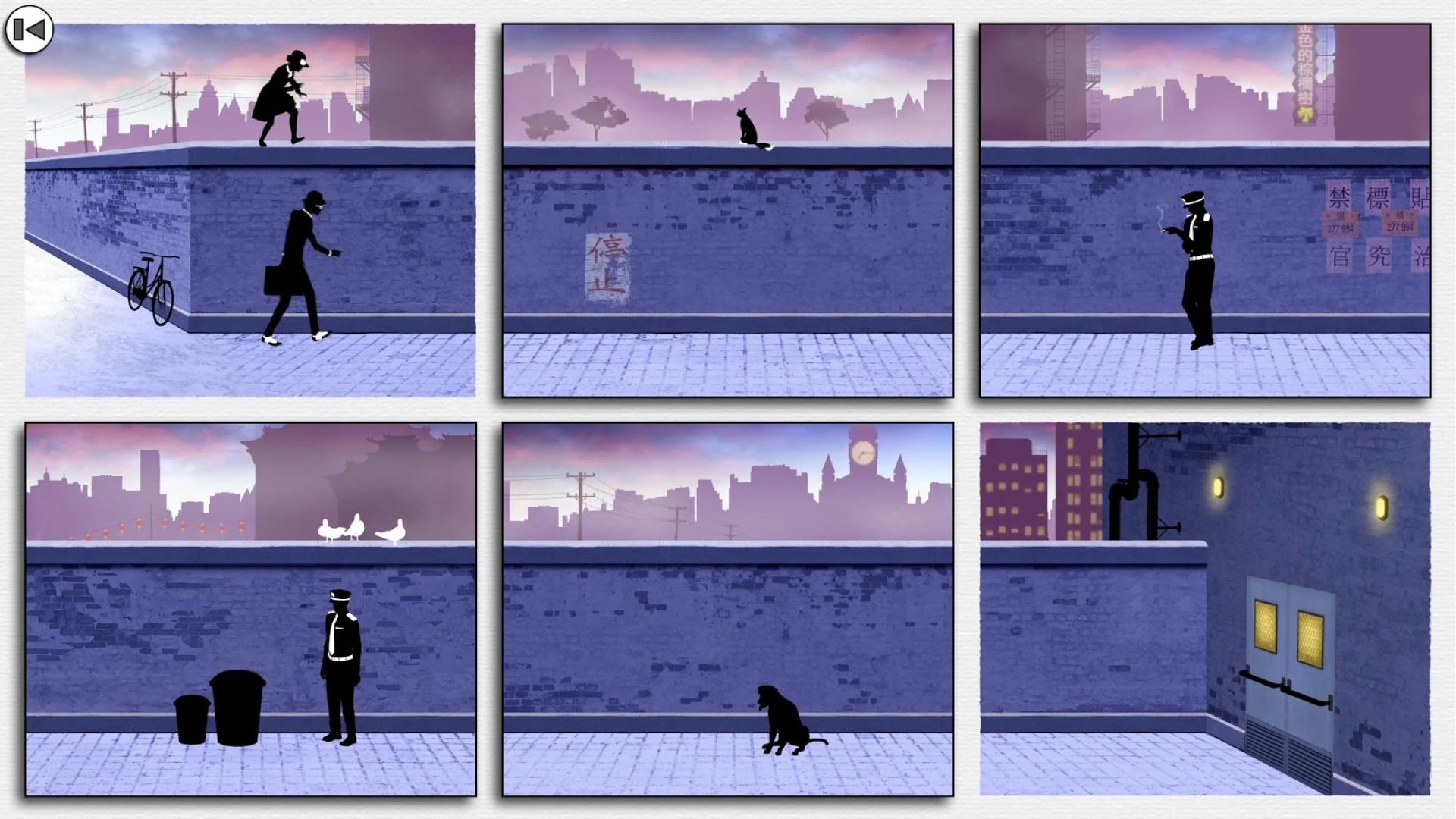 Najlepšie hry pre mobilné puzzle: zarámované 2. Obrázok zobrazuje rôzne obrázky posharbených figúr visiacich okolo múrov