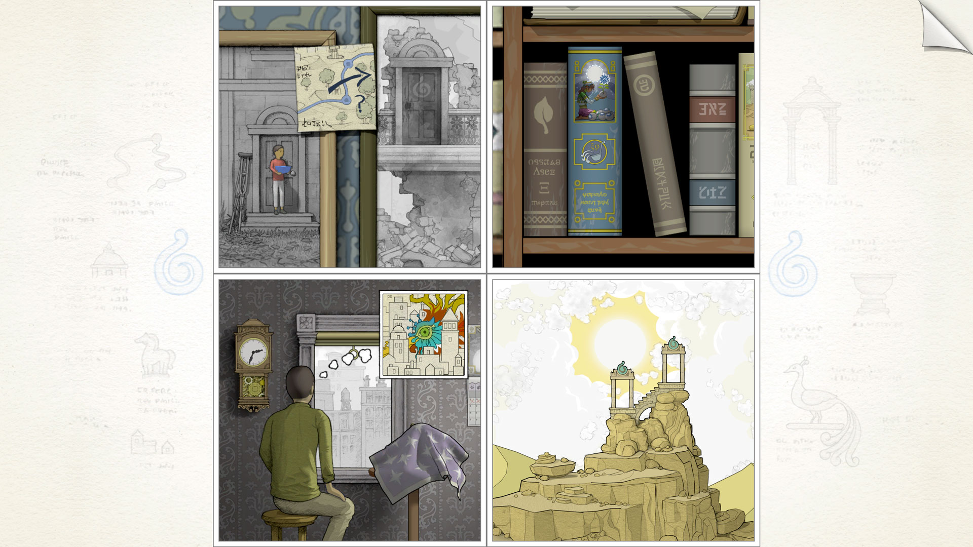 Nejlepší mobilní logické hry: Gorogoa. Obrázek ukazuje čtyři kuriózní obrázky - jeden ukazuje knihovnu, jeden ukazuje obrázky na zdi, jeden ukazuje osobu dívající se z okna a poslední ukazuje staré oblouky na hoře