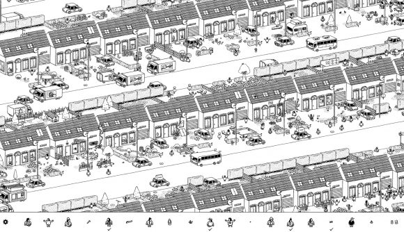Best mobile puzzle games: Hidden Folks. Image shows black and white scenery rendered in a sketch-like art style. It shows a suburban location.