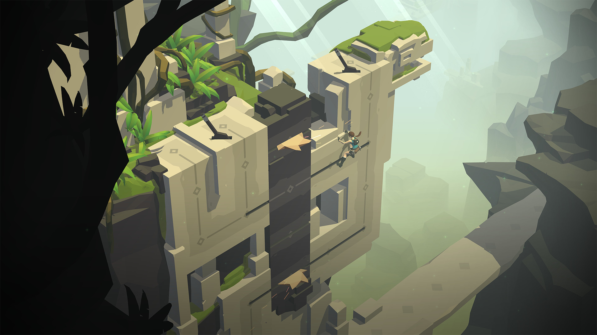 Beste mobile Puzzlespiele: Lara Croft Go. Das Bild zeigt Lara Croft, die auf alten Ruinen klettern
