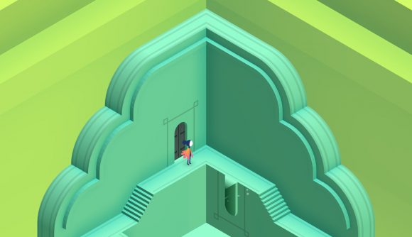 Best mobile puzzle games: Monument Valley. Image shows a character on one of the game's monuments.