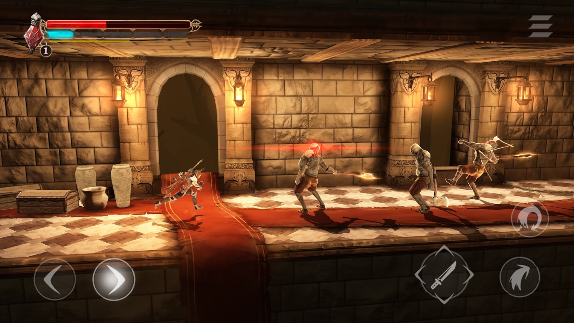 Best mobile RPGs: Grimvalor. Image shows a character running down a corridor to fight opponents.