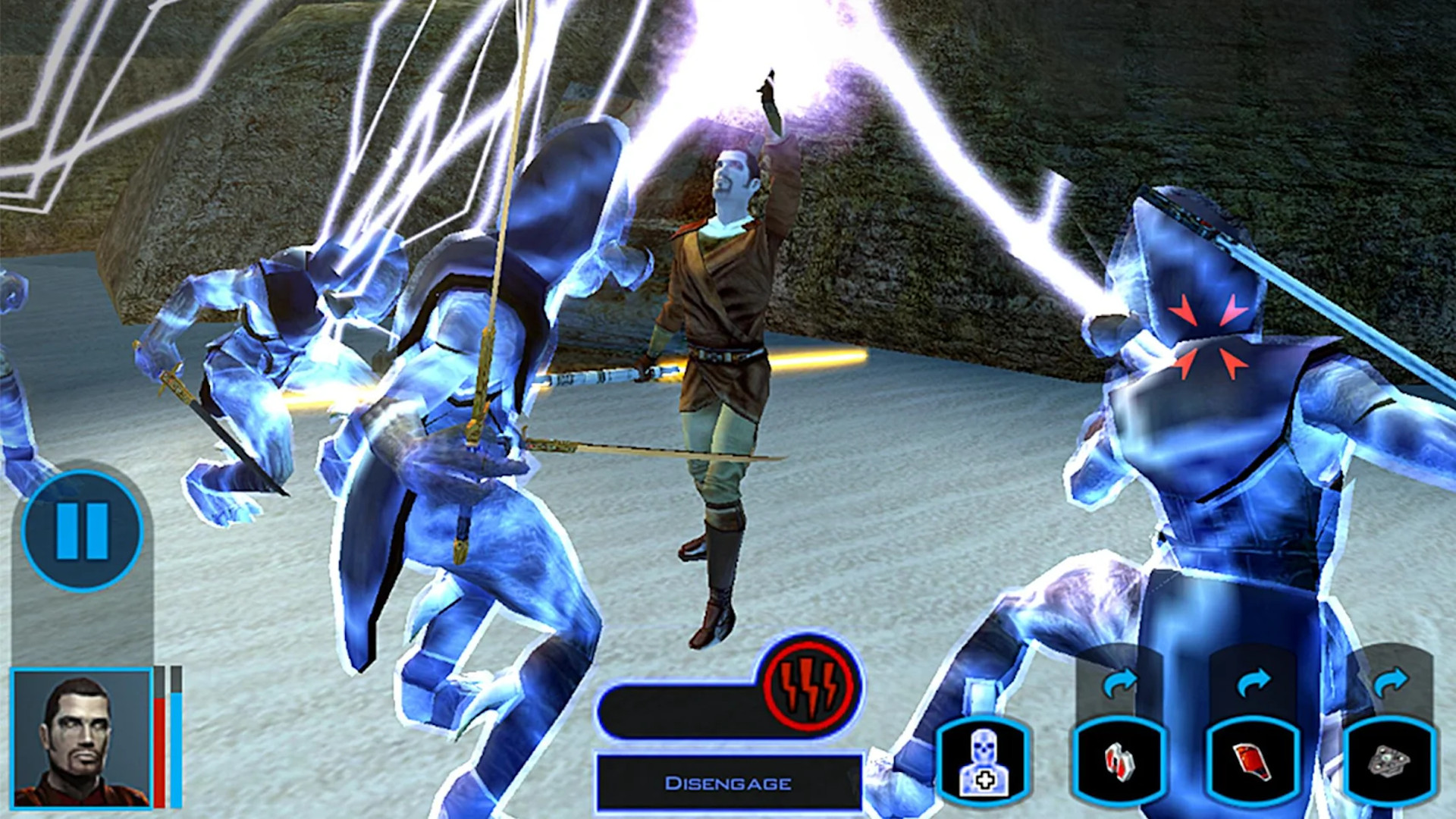 Best mobile RPGs: Star Wars: Knights of the Old Republic. Image shows a force user using lightning on his enemies.