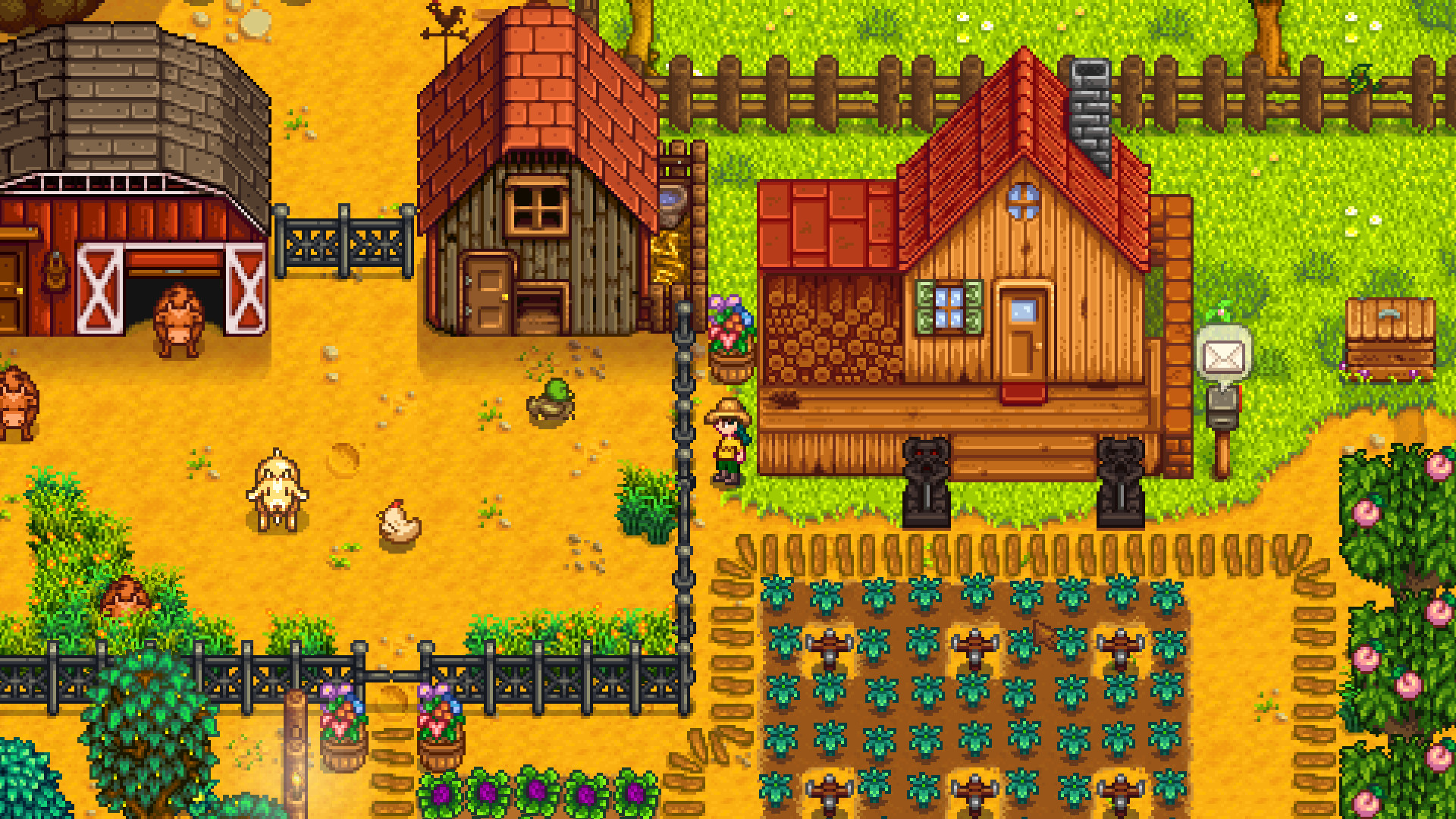 Best mobile RPGs: Stardew Valley. Image shows a happy pixelated farm.