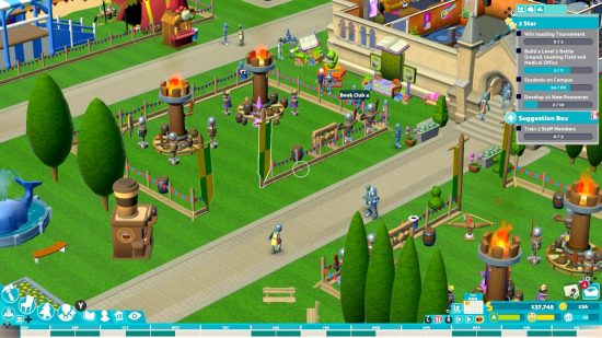 Best sandbox games: a screenshot from Two Point Campus shows a large building and many characters walking around it