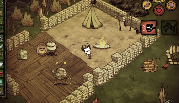 Best survival games: Don't Starve: Pocket Edition. Image shows a character standing near a rough wall.