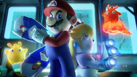 Best Switch games: key art for the game Mario + Rabbids: Spraks of Hope shows Mario stood bac to back with Rabbid Peach, with both wielding a gun