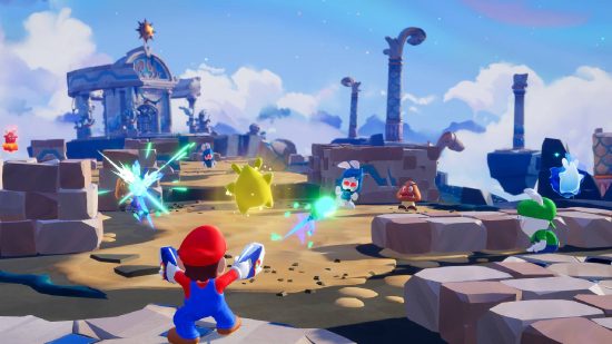 best Switch games: a screenshot from Mario + Rabbids: Sparks of Hope shows Mario using dual blasyers to attack several Rabbid enemies while Rabbid Luigi ducks behind cover to his right