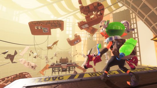 Best Switch games: An inkling from Splatoon looks over a battlefield with debris floating in the sky