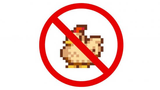 a red no entry sign surround a Stardew Valley chicken png, for a bored of farming games feature article