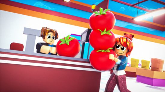 Two cartoony-faced Roblox characters (basically chunkier Lego people) holding tomatoes in a shop.