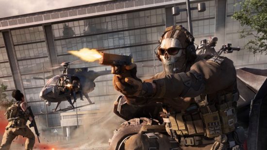 Promo art of player in Call of Duty Warzone Mobile shooting while a helicopter falls in the background