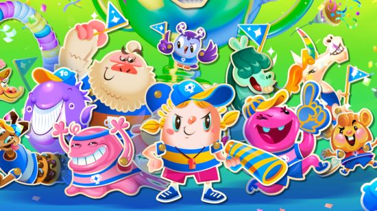 Key art for the special Candy Crush Candy Cup competition with a bunch of sweet characters from the saga onscreen