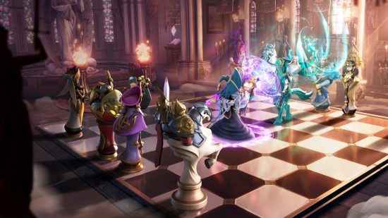 Kluczowa grafika Checkmate Heroes, która pokazuje różnych bohaterów stojących na szachownicy