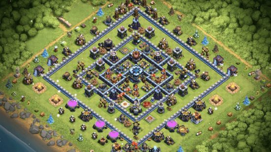 Clash of Clans bases: a screenshot from the game Clash of Clans shows a series of building and fortreses