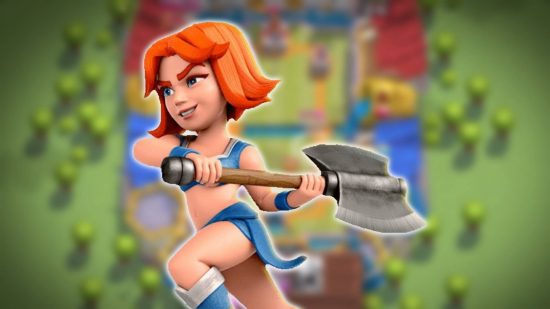 Clash Royale Valkyrie: A screenshot from Clash Royale is blurred behind a png of the ginger female character Valkyrie