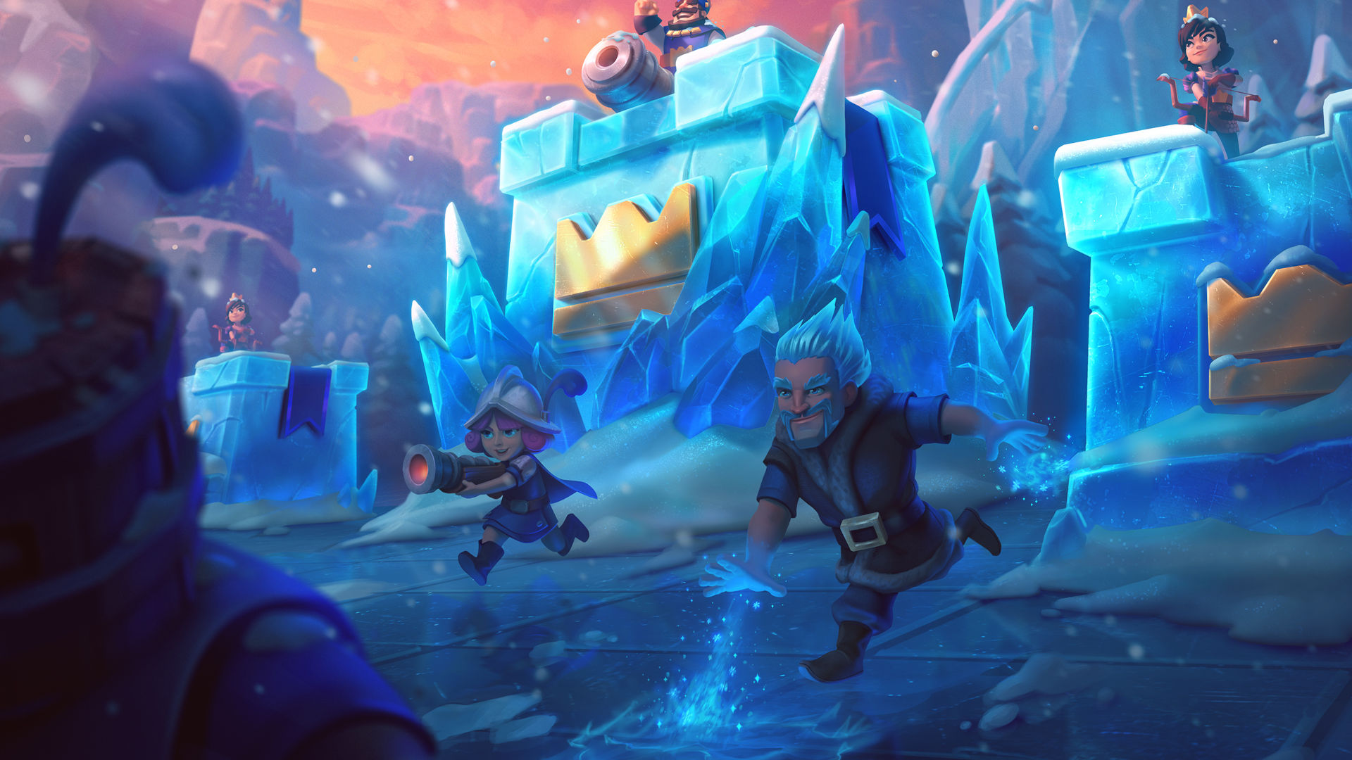 Clash Royale troops running across a crystal kingdom 