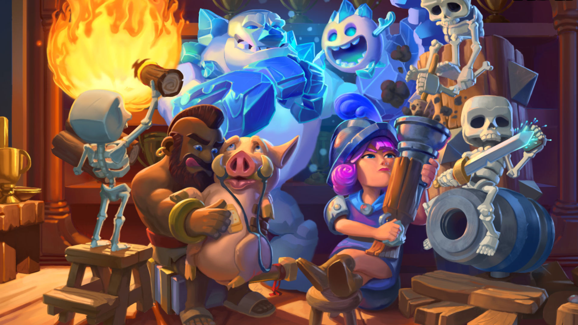 A group of Clash Royale characters sit happily by the fire