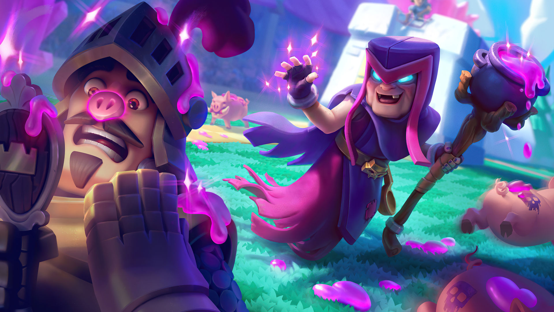 A pink Clash Royale sorceress casting a spell on a knight 