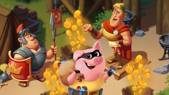 Coin Master free spins - a pig and some ancient romans surrounded by gold