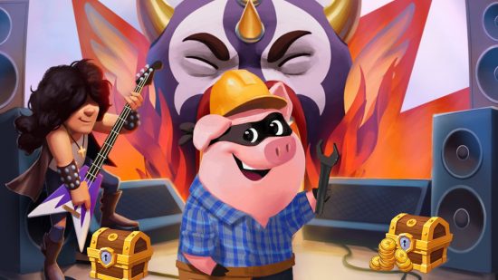 A pig in plaid with a wrench standing next to man playing guitar, he may be assisting him in getting Coin Master free spins