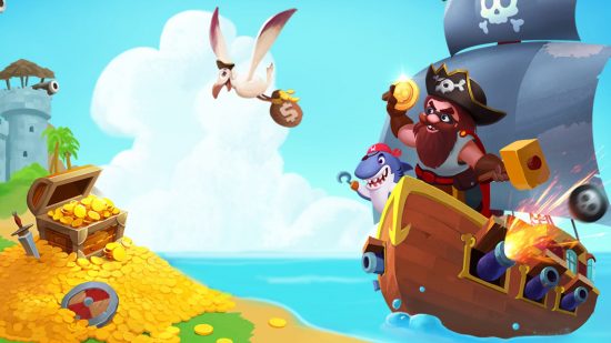 Coin Master village cost - a pirate and a shark pirate sail towards a shore full of gold, scowling at a bird making off with a sack of cash