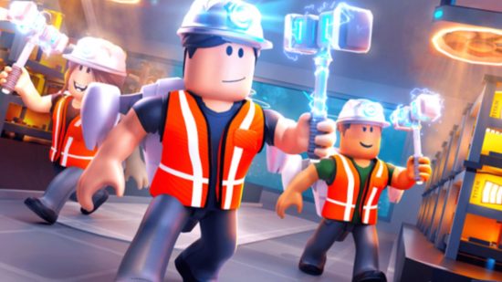 Three Roblox characters in art for Crypto Tycoon codes. They are wearing hard hats, orange high-vis vests, and holding hammers.