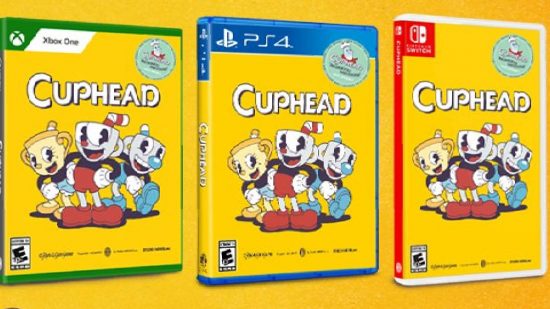 Cuphead physical release: promotional art shows boxed copies of the game Cuphead
